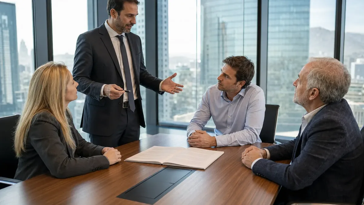 Reuni&oacute;n entre la ejecutiva del banco, el empresario y el representante del proveedor, con un abogado mediando