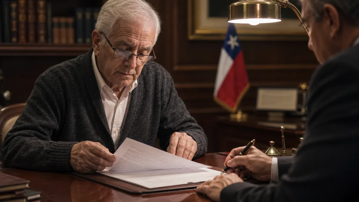 Testador adulto mayor revisando con su abogado la cláusula de desheredamiento en una escritura pública