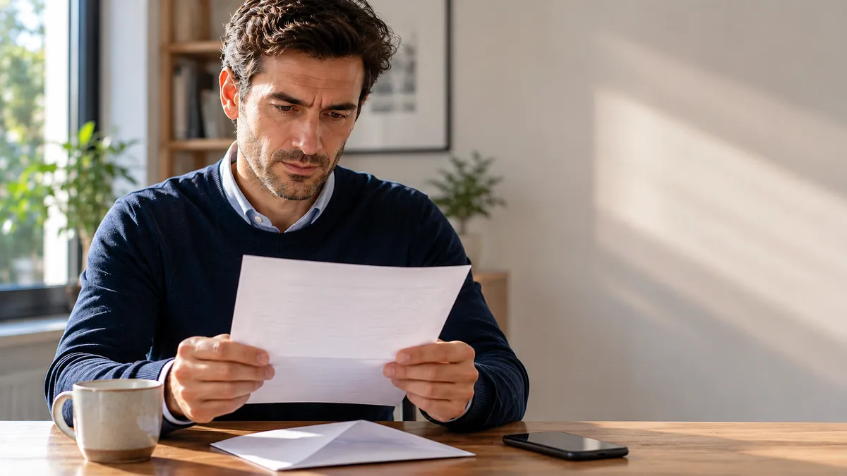 Trabajador revisando la carta de despido en su hogar