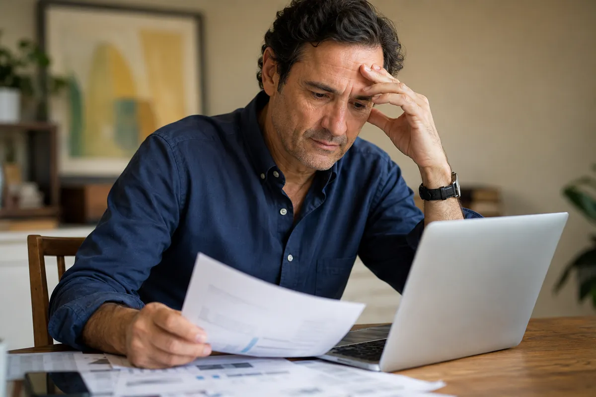 Persona víctima de una estafa revisa con su abogado los documentos para recuperar su dinero.