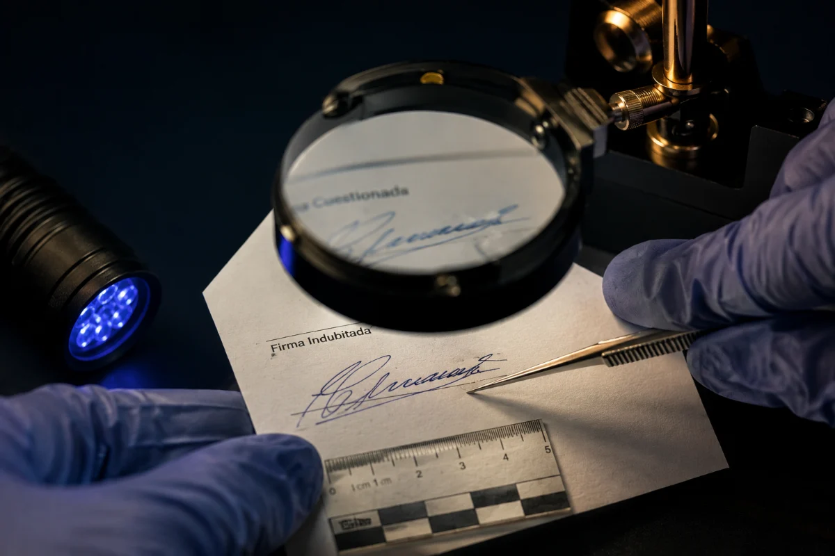 Perito documental compara una firma cuestionada con una firma indubitada en una pericia caligráfica