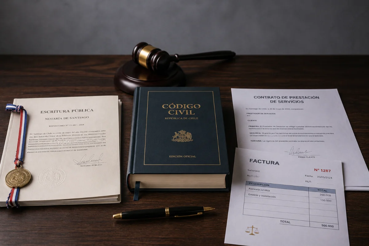 Escritura pública notarial junto a un contrato privado y una factura, ilustrando la diferencia entre instrumento público e instrumento privado