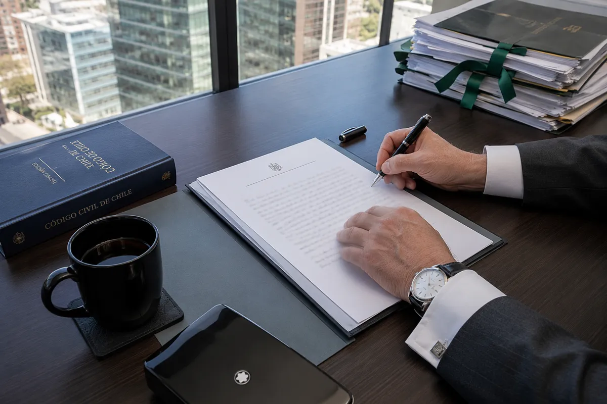 Abogado del Departamento de Derecho Civil y Familia de Schneider Abogados redactando la demanda de interdicción sobre un escritorio con expedientes, certificados COMPIN, antecedentes médicos y el Código Orgánico de Tribunales abierto en los artículos sobre competencia