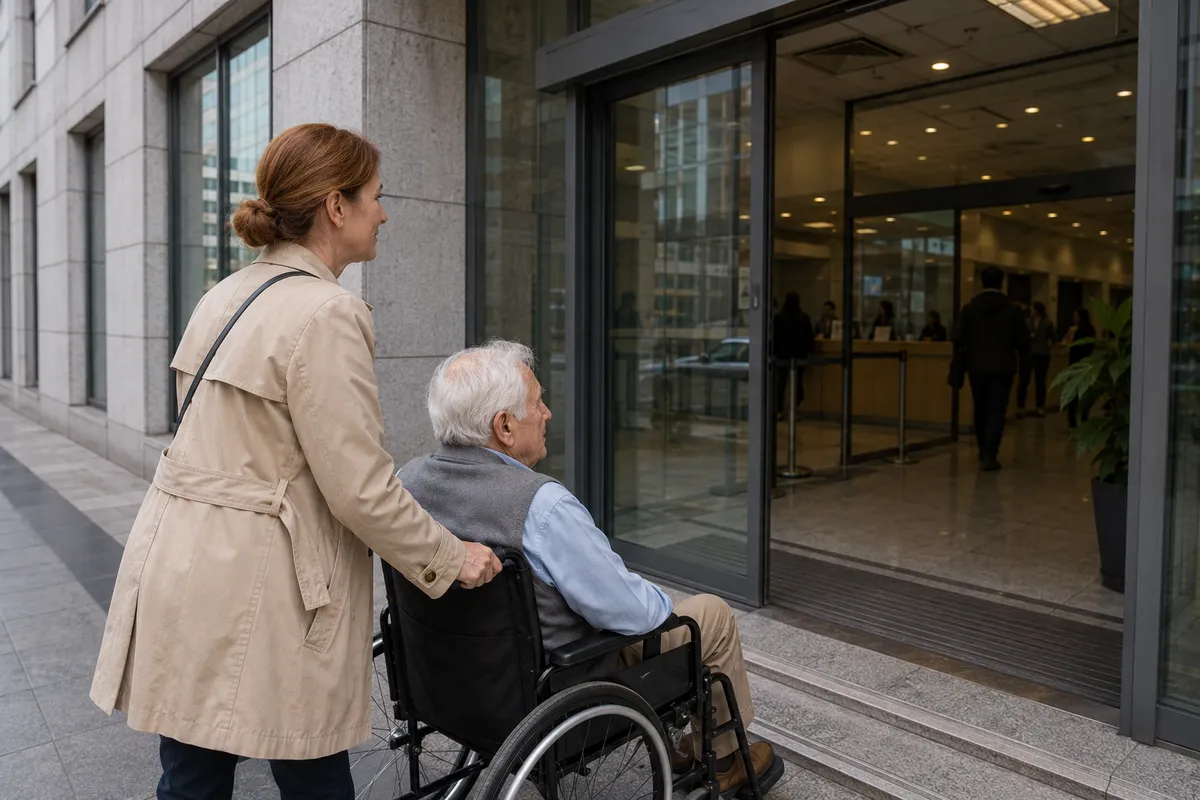 Hija acompañando a su padre en silla de ruedas con discapacidad mental al edificio COMPIN para acceder a la vía abreviada Ley 18.600