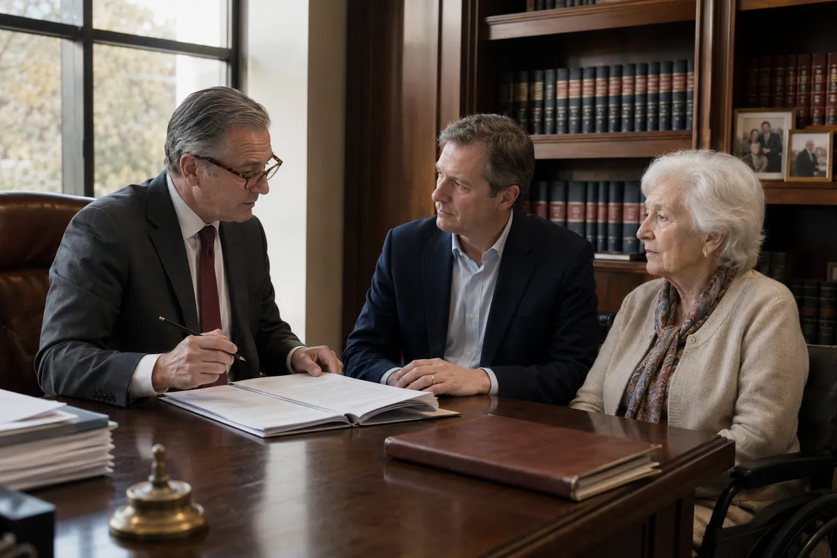 Reunión de familia con abogado civil para analizar una herencia que recibirá una persona interdicta por demencia, con documentos del Conservador, certificados de dominio vigente y el Código Civil chileno abierto en los artículos sobre aceptación con beneficio de inventario