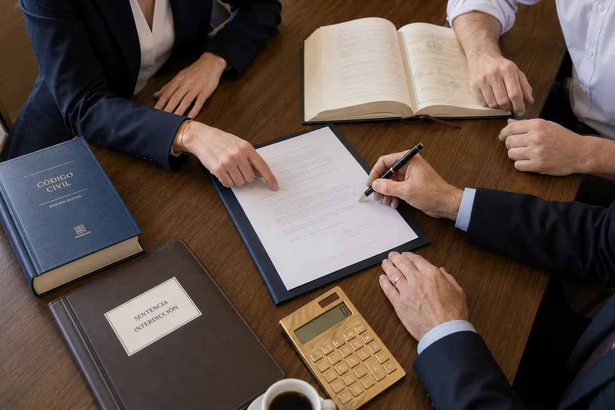 Mesa de trabajo con sentencia de interdicción, Código Civil y testamento abiertos durante una partición de bienes con un coheredero interdicto