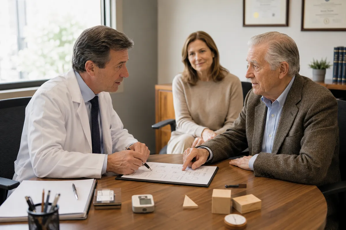 Geriatra aplicando test cognitivo MMSE/MoCA a adulto mayor que demuestra capacidad residual · peritaje contradictorio en oposición a interdicción