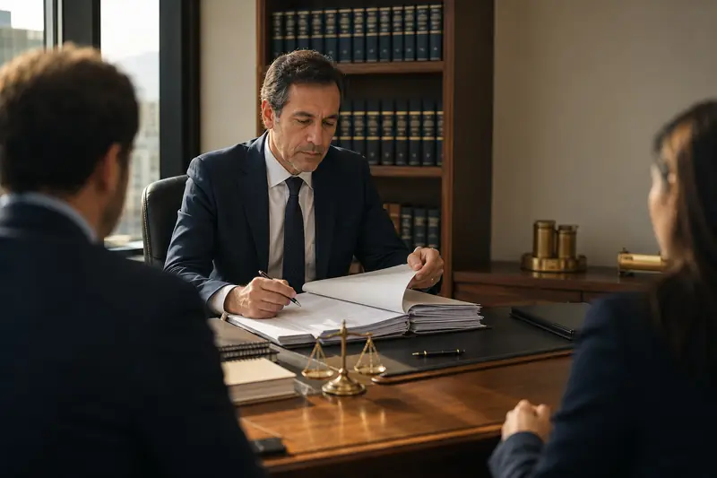 Juez árbitro partidor revisando el expediente y el inventario de bienes de una partición de herencia