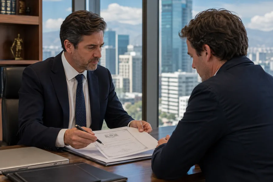 Persona consultando con un abogado con corbata en una oficina del WTC Las Condes sobre la nulidad de su matrimonio