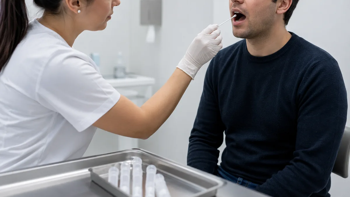 Profesional de laboratorio tomando muestra de ADN con hisopo bucal para pericia de filiacion