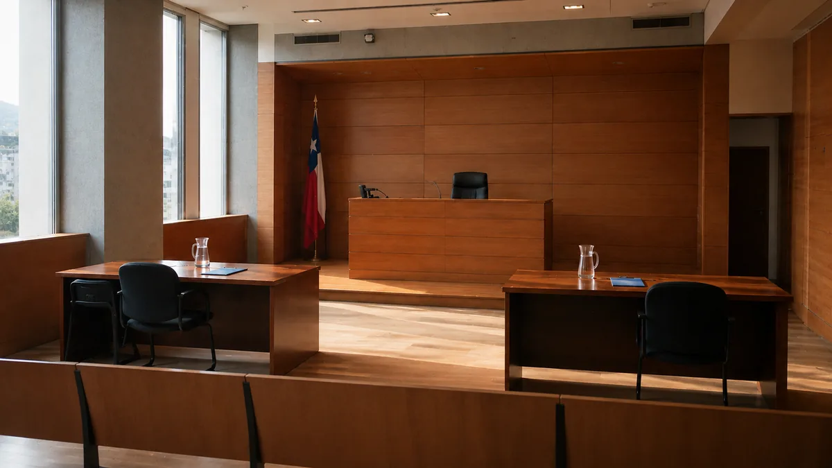 Audiencia en Juzgado de Familia con jueza tomando declaracion en juicio de filiacion
