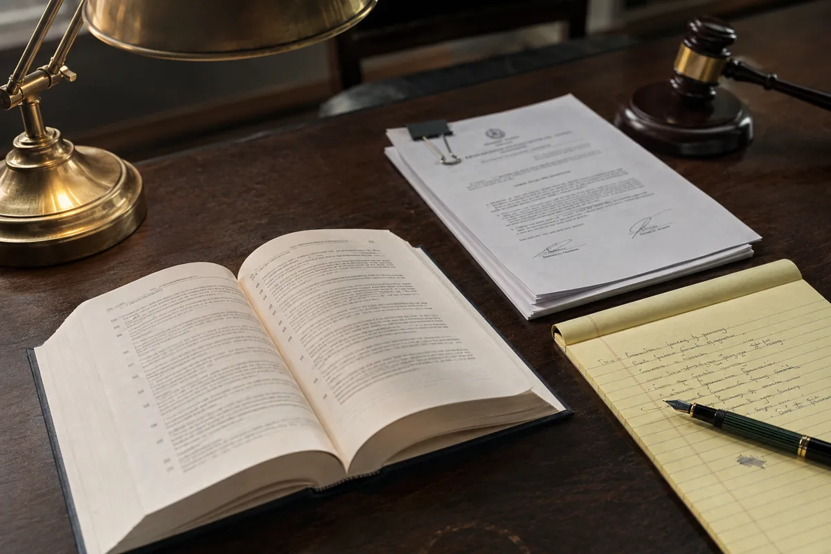 Mesa de trabajo de abogado civil con Código de Procedimiento Civil abierto, demanda ejecutiva en preparación y libreta de notas: el flujo de cobranza ejecutiva en Schneider Abogados, departamento Civil