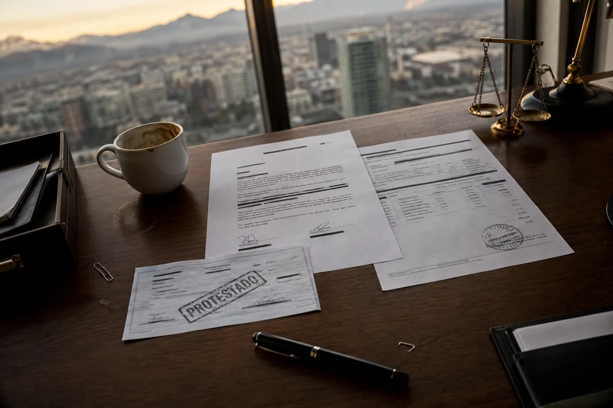 Vista cenital de escritorio de abogado civil con pagaré firmado, factura comercial y cheque protestado: revisión inicial de títulos ejecutivos en el departamento Civil de Schneider Abogados, WTC Las Condes