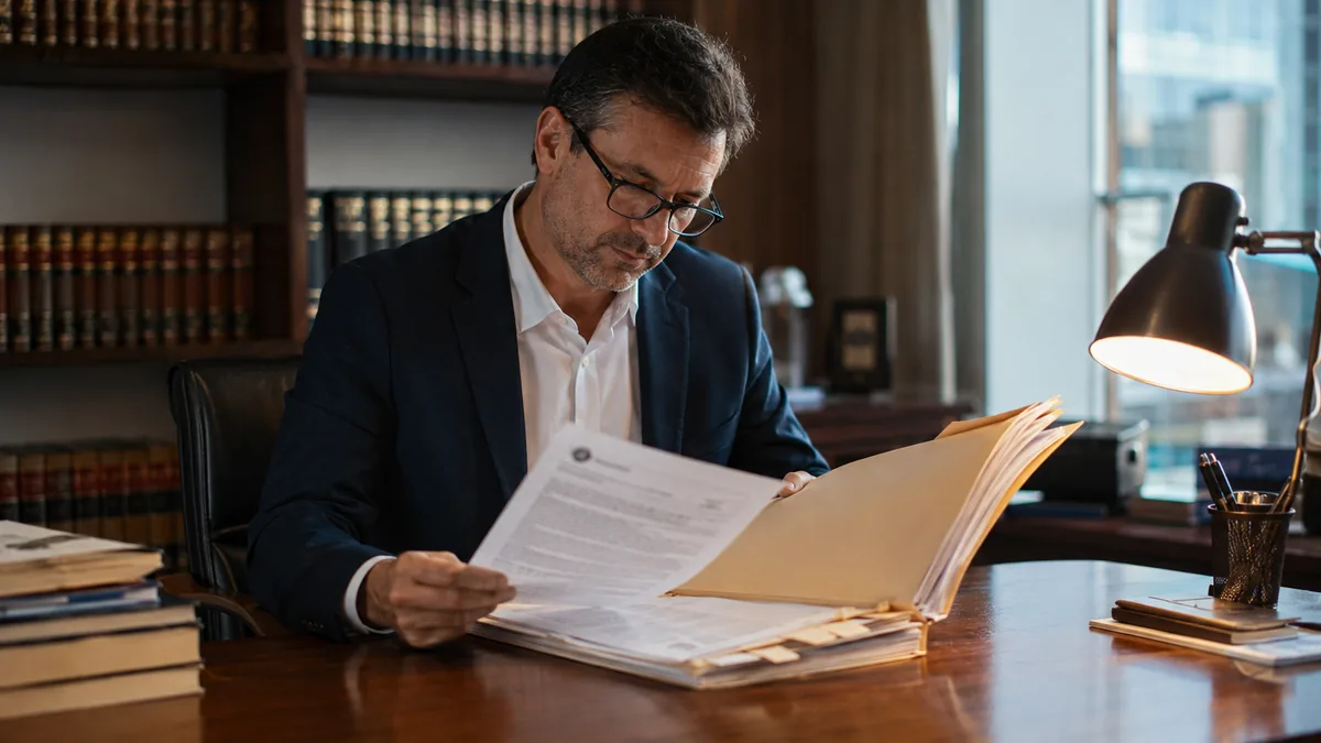 Abogado penalista revisando expediente y carpeta investigativa por delito de la Ley 20.000 en estudio jurídico de Las Condes