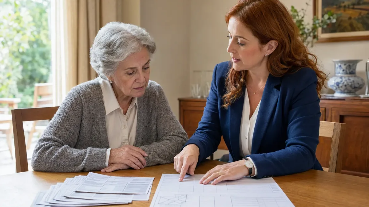 Propietaria mayor revisa junto a su abogada las boletas de contribuciones y un presupuesto de reparaci&oacute;n de la vivienda