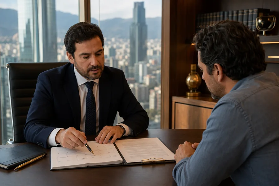 Abogado revisando calendario de cuotas y pagaré con cliente, oficina Santiago