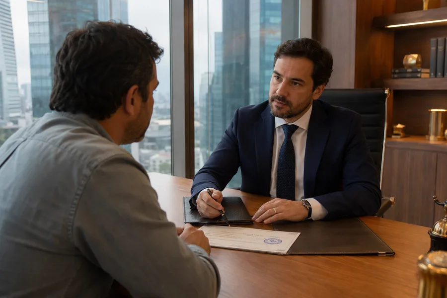 Abogado de Schneider asesorando a empresario por un cheque protestado, oficina WTC Las Condes